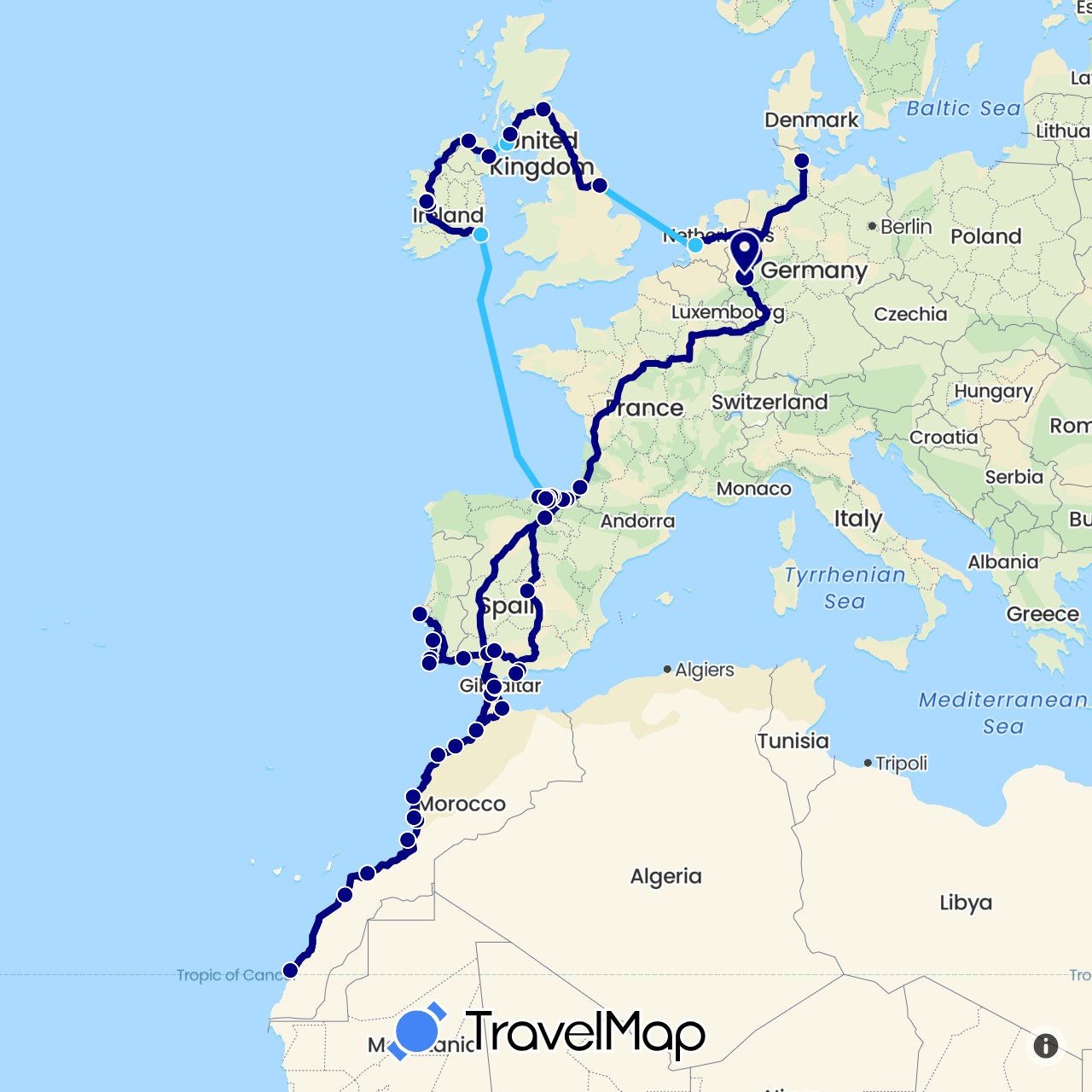 TravelMap itinerary: driving, boat in Germany, Spain, France, United Kingdom, Ireland, Morocco, Netherlands, Portugal (Africa, Europe)